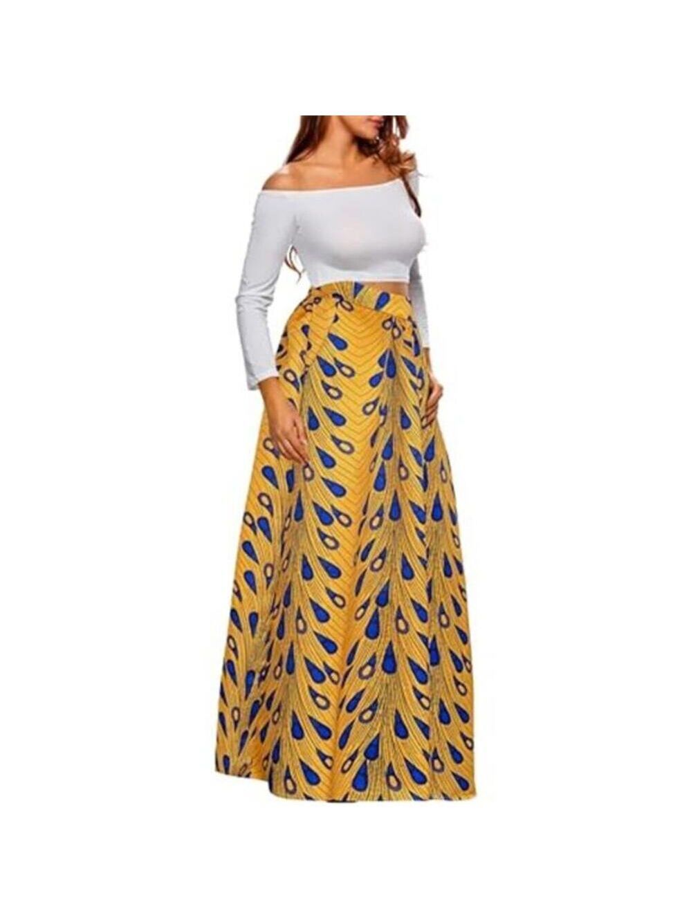 Women’s Yellow Abstract Print Maxi Skirt A-Line Flared Long Skirt with Pockets